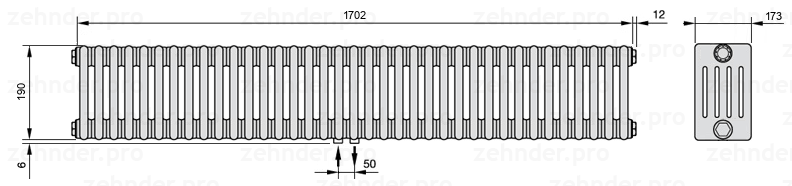 Схема (чертеж) Радиатор Zehnder Charleston 5019/37 №3470 Белый глянцевый RAL 9016